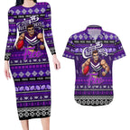 Personalized Freo Rugby Xmas Couples Matching Long Sleeve Bodycon Dress and Hawaiian Shirt Australia AFL Mascot