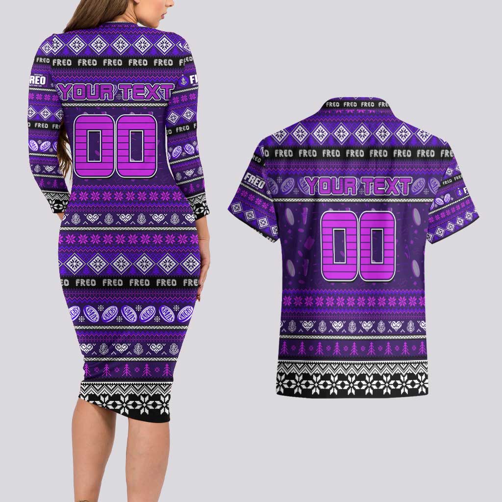 Personalized Freo Rugby Xmas Couples Matching Long Sleeve Bodycon Dress and Hawaiian Shirt Australia AFL Mascot
