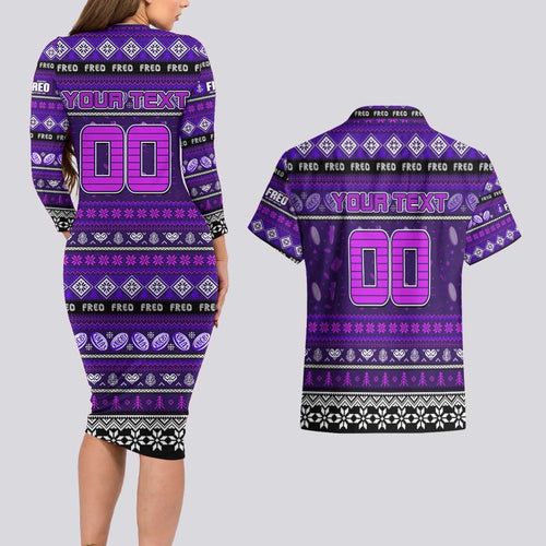 Personalized Freo Rugby Xmas Couples Matching Long Sleeve Bodycon Dress and Hawaiian Shirt Australia AFL Mascot