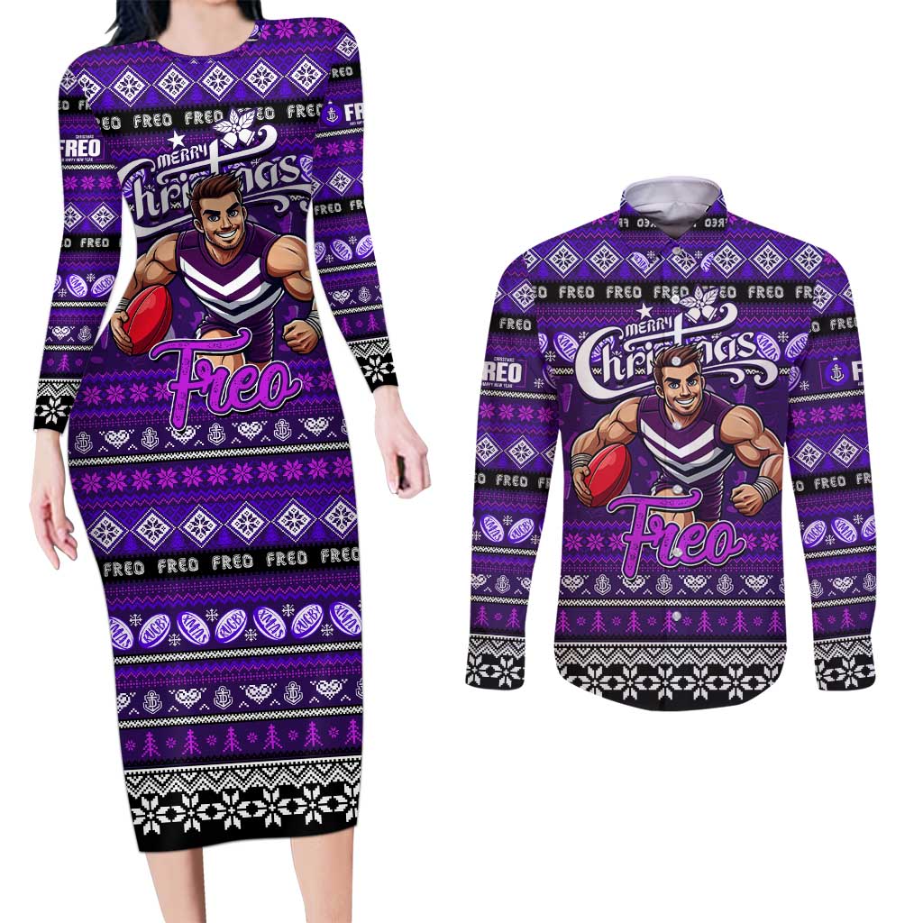 Personalized Freo Rugby Xmas Couples Matching Long Sleeve Bodycon Dress and Long Sleeve Button Shirt Australia AFL Mascot
