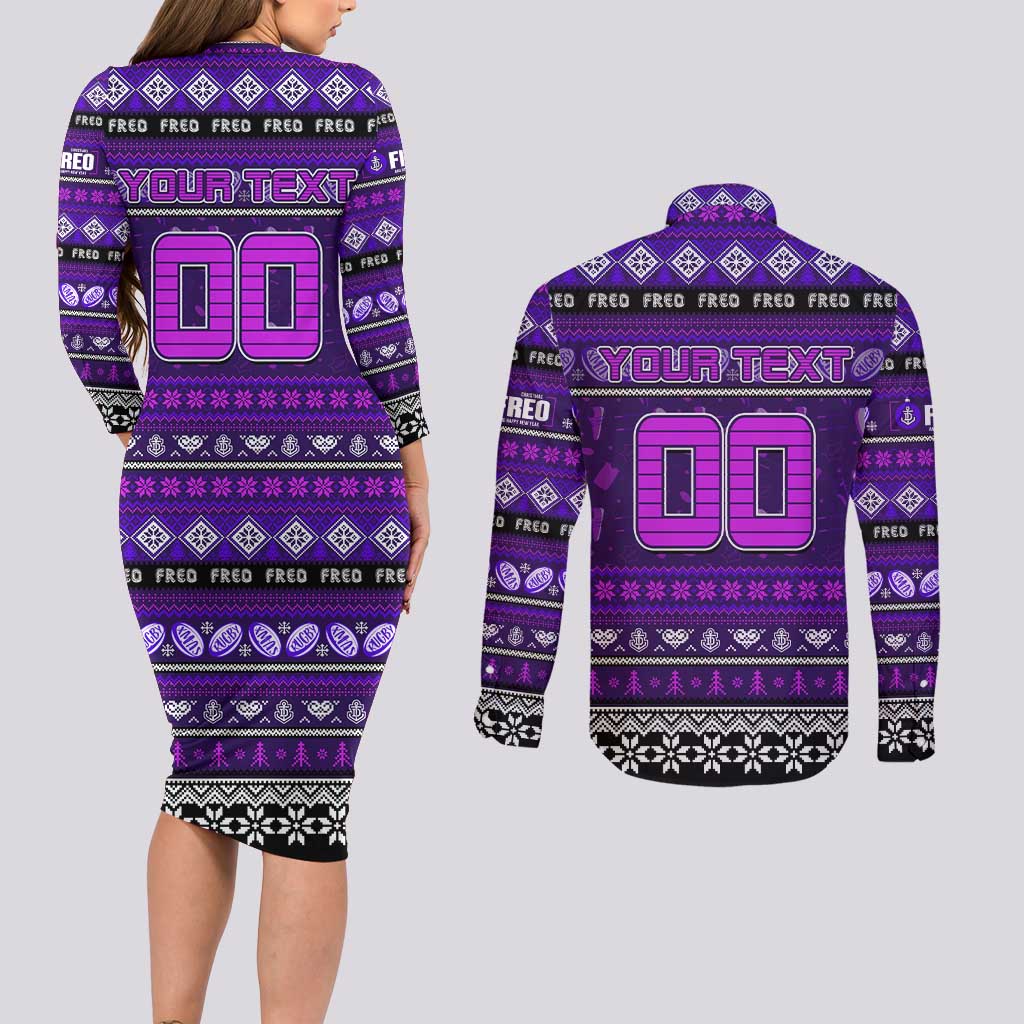 Personalized Freo Rugby Xmas Couples Matching Long Sleeve Bodycon Dress and Long Sleeve Button Shirt Australia AFL Mascot