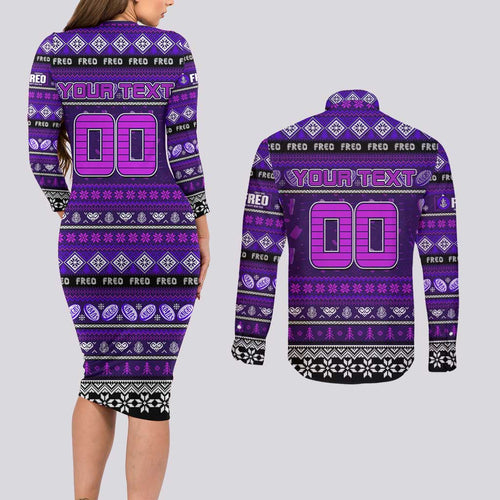 Personalized Freo Rugby Xmas Couples Matching Long Sleeve Bodycon Dress and Long Sleeve Button Shirt Australia AFL Mascot