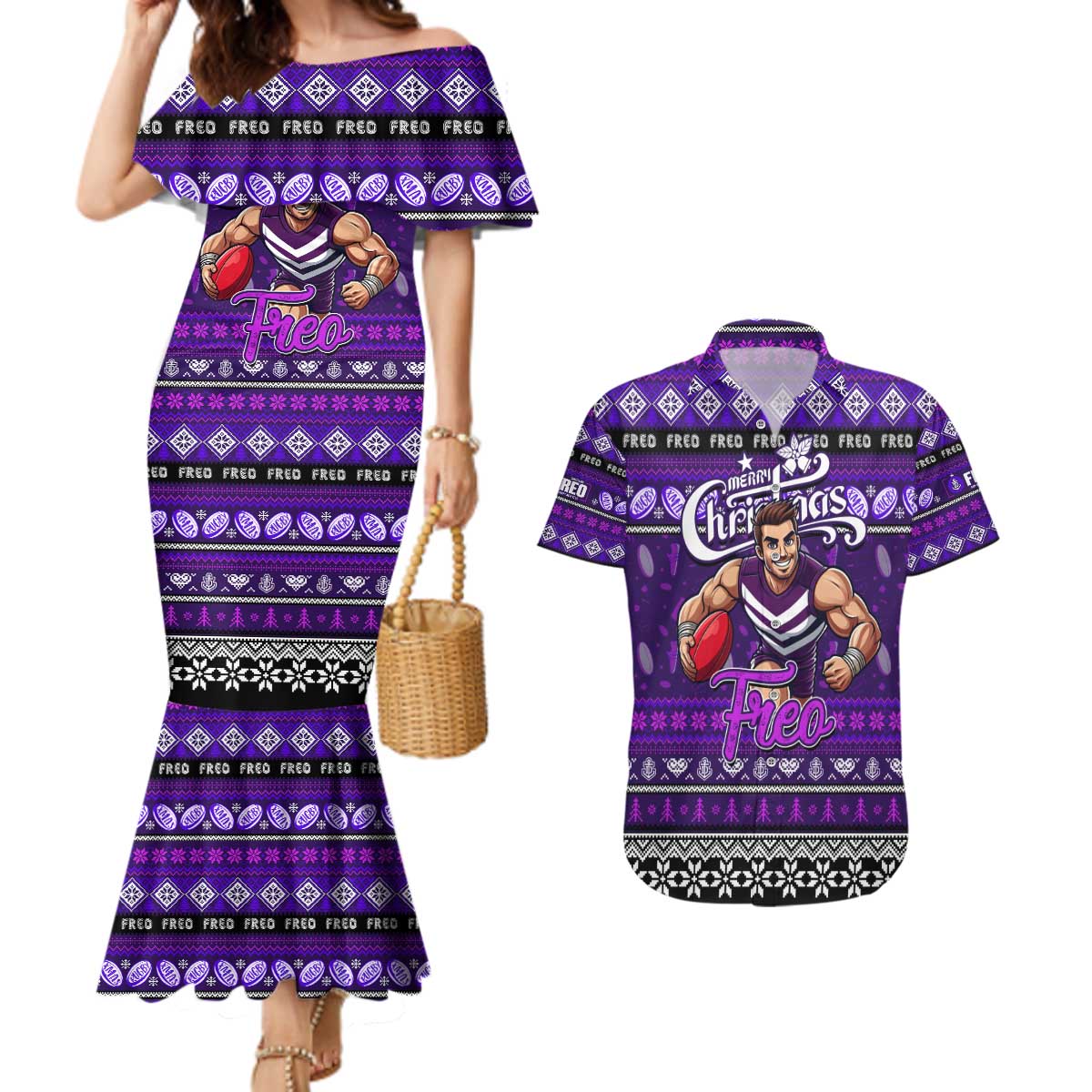 Personalized Freo Rugby Xmas Couples Matching Mermaid Dress and Hawaiian Shirt Australia AFL Mascot