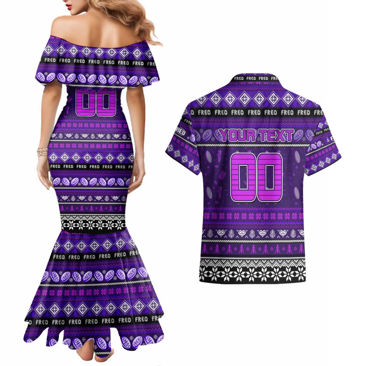 Personalized Freo Rugby Xmas Couples Matching Mermaid Dress and Hawaiian Shirt Australia AFL Mascot