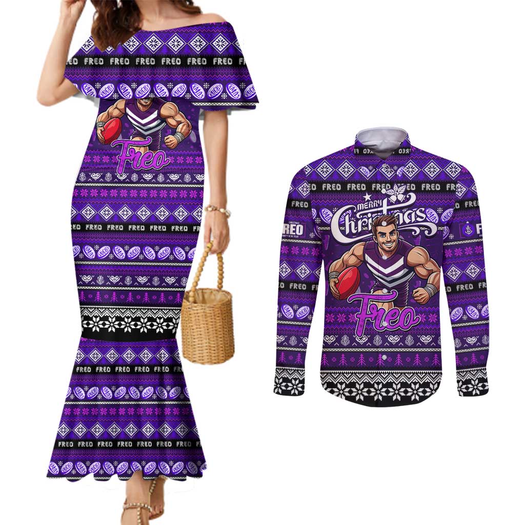 Personalized Freo Rugby Xmas Couples Matching Mermaid Dress and Long Sleeve Button Shirt Australia AFL Mascot