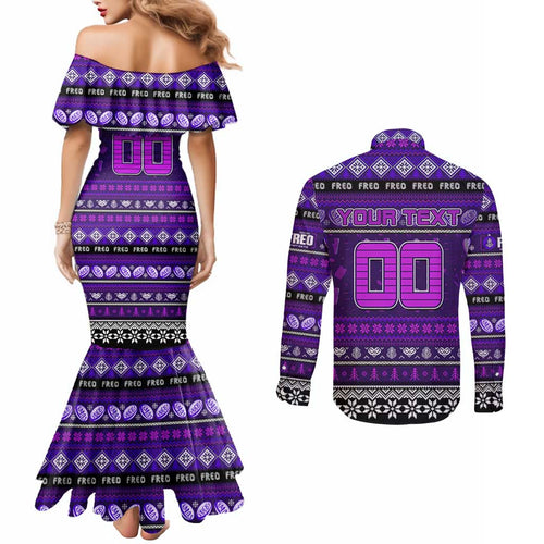 Personalized Freo Rugby Xmas Couples Matching Mermaid Dress and Long Sleeve Button Shirt Australia AFL Mascot