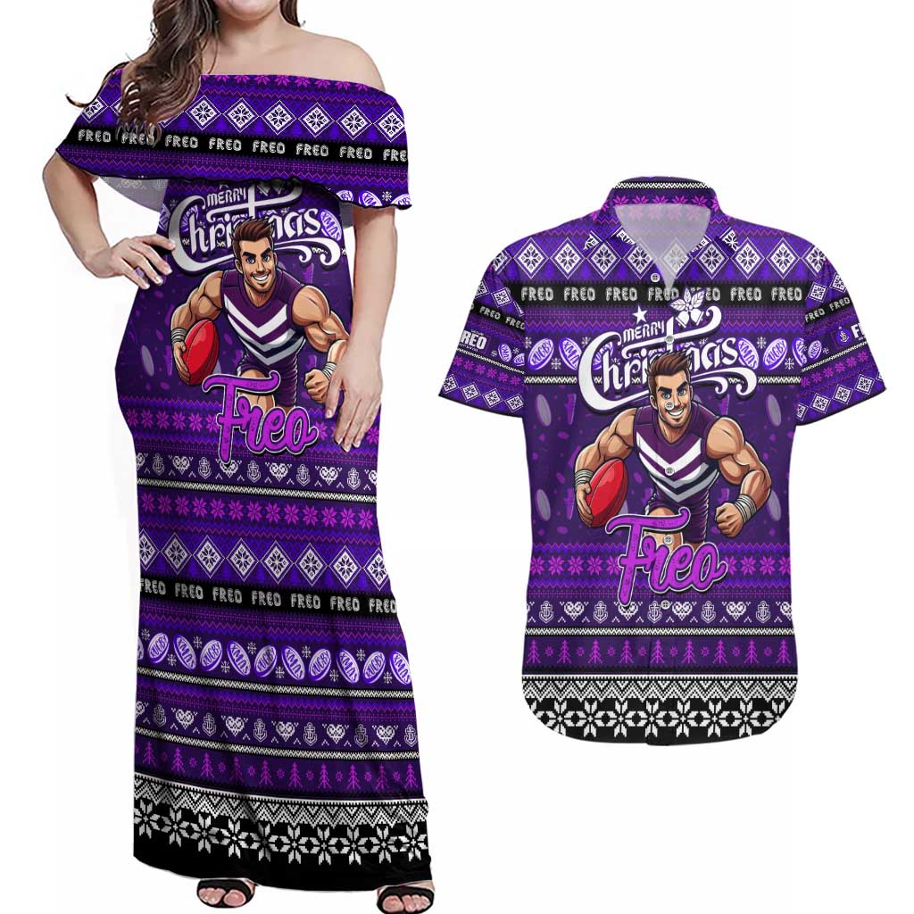 Personalized Freo Rugby Xmas Couples Matching Off Shoulder Maxi Dress and Hawaiian Shirt Australia AFL Mascot