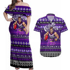Personalized Freo Rugby Xmas Couples Matching Off Shoulder Maxi Dress and Hawaiian Shirt Australia AFL Mascot