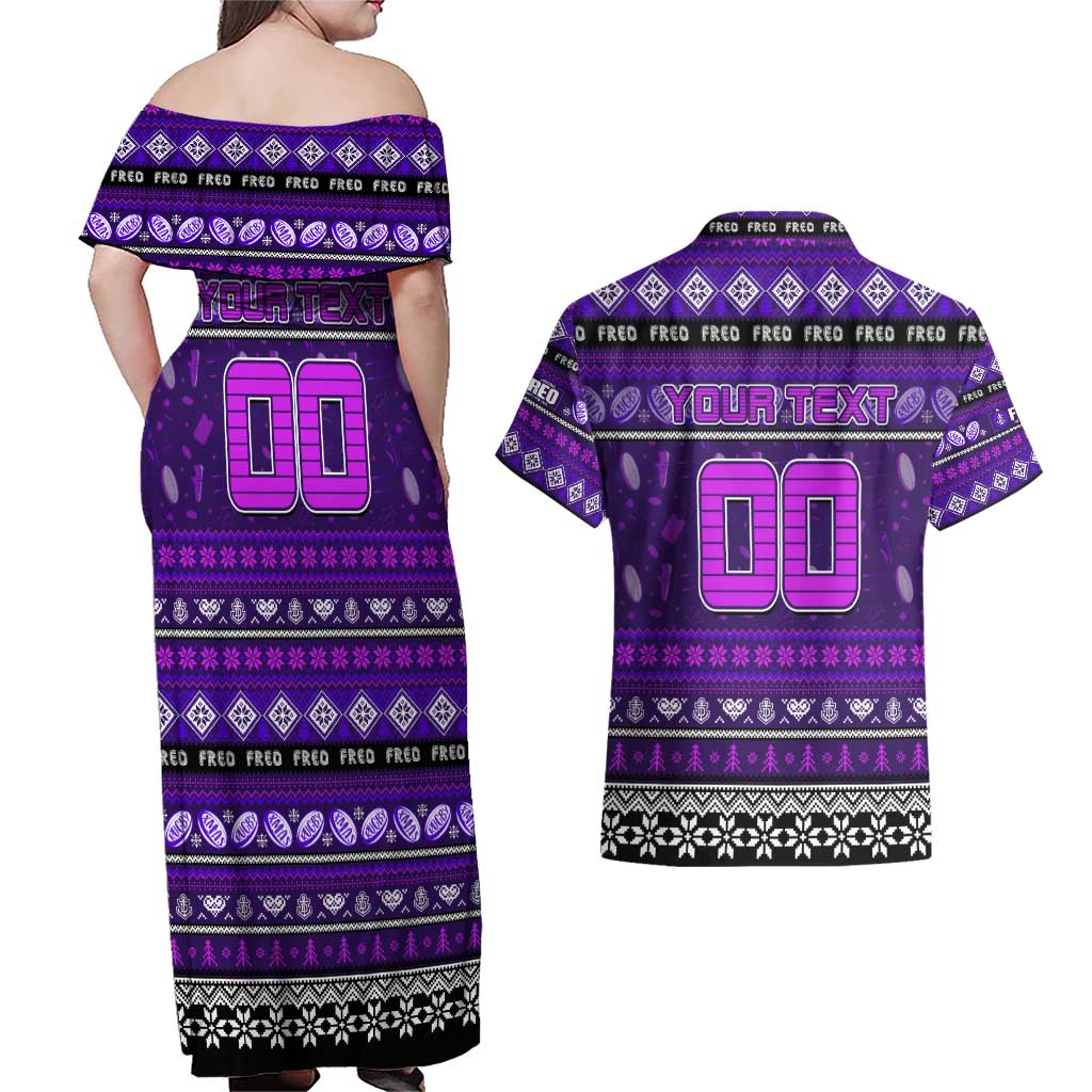 Personalized Freo Rugby Xmas Couples Matching Off Shoulder Maxi Dress and Hawaiian Shirt Australia AFL Mascot