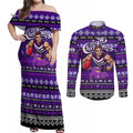 Personalized Freo Rugby Xmas Couples Matching Off Shoulder Maxi Dress and Long Sleeve Button Shirt Australia AFL Mascot