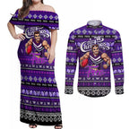 Personalized Freo Rugby Xmas Couples Matching Off Shoulder Maxi Dress and Long Sleeve Button Shirt Australia AFL Mascot