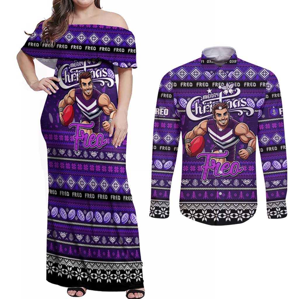 Personalized Freo Rugby Xmas Couples Matching Off Shoulder Maxi Dress and Long Sleeve Button Shirt Australia AFL Mascot