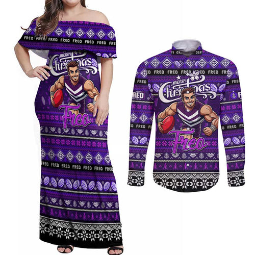 Personalized Freo Rugby Xmas Couples Matching Off Shoulder Maxi Dress and Long Sleeve Button Shirt Australia AFL Mascot