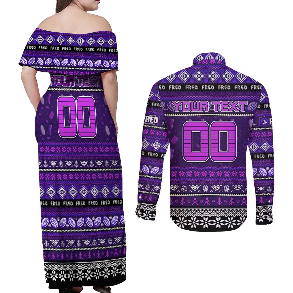 Personalized Freo Rugby Xmas Couples Matching Off Shoulder Maxi Dress and Long Sleeve Button Shirt Australia AFL Mascot