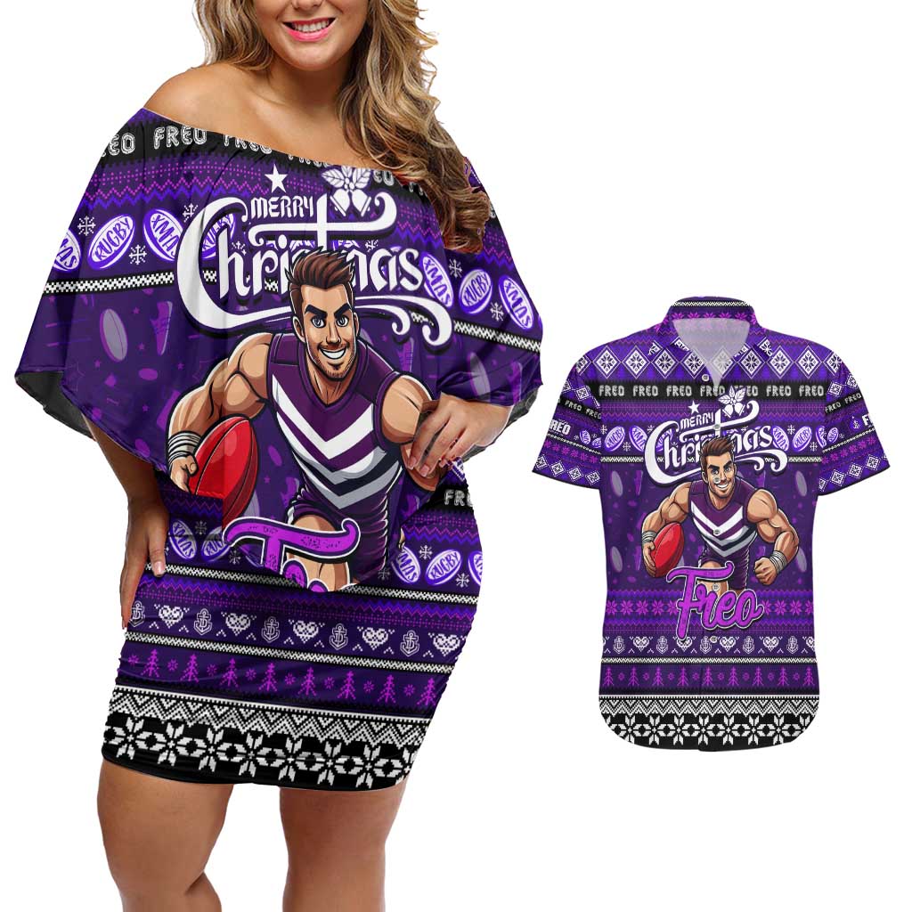 Personalized Freo Rugby Xmas Couples Matching Off Shoulder Short Dress and Hawaiian Shirt Australia AFL Mascot