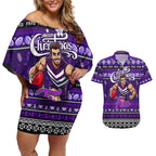Personalized Freo Rugby Xmas Couples Matching Off Shoulder Short Dress and Hawaiian Shirt Australia AFL Mascot