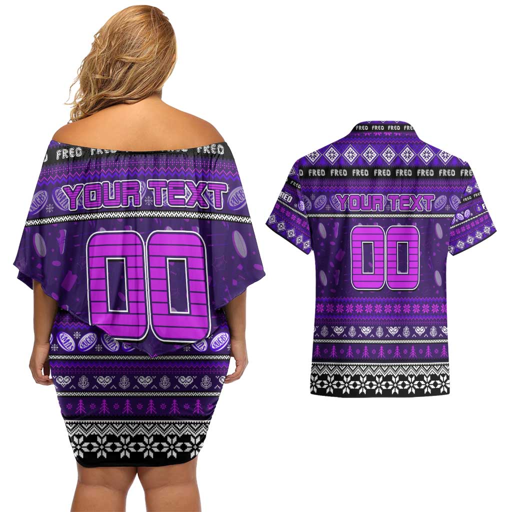 Personalized Freo Rugby Xmas Couples Matching Off Shoulder Short Dress and Hawaiian Shirt Australia AFL Mascot