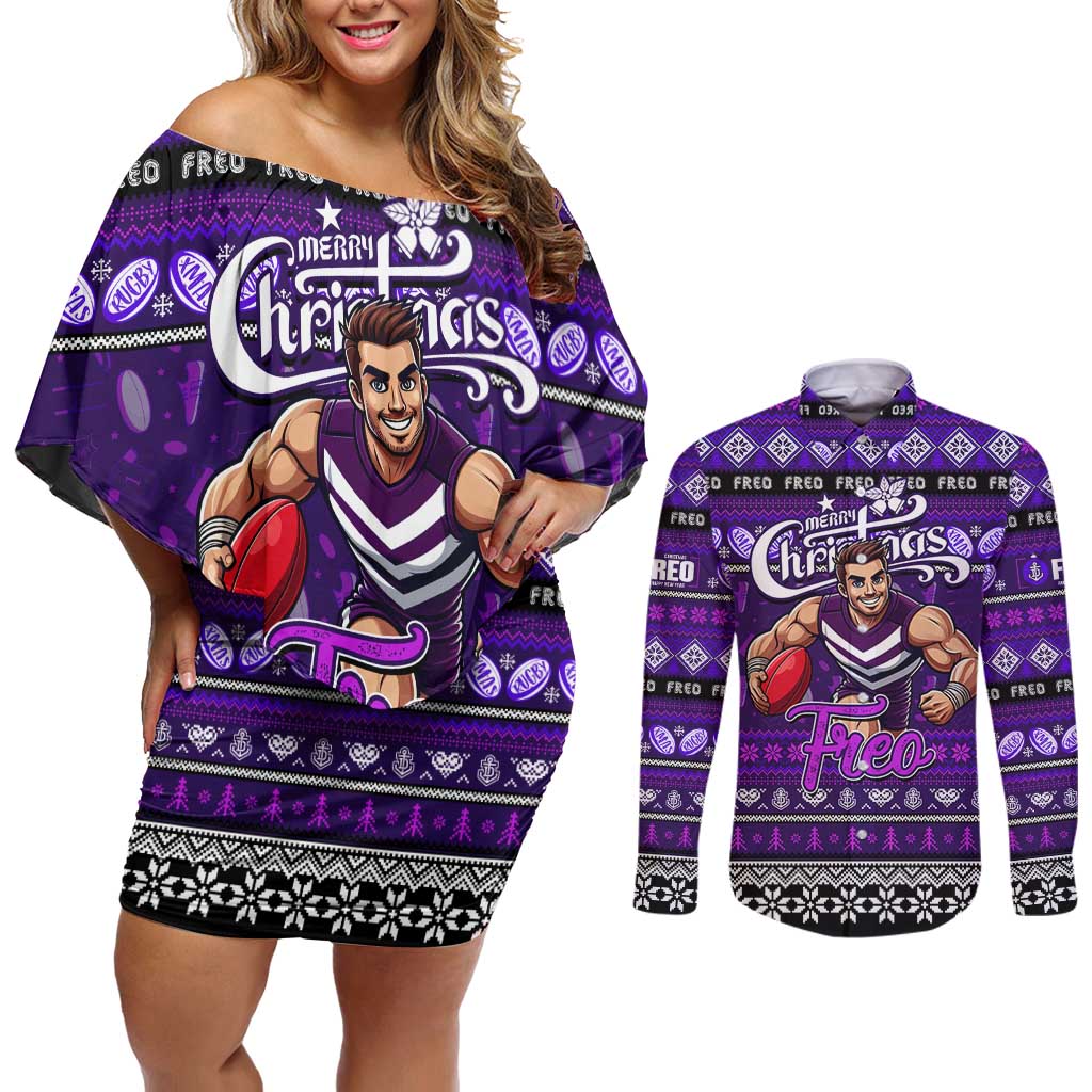 Personalized Freo Rugby Xmas Couples Matching Off Shoulder Short Dress and Long Sleeve Button Shirt Australia AFL Mascot