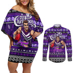 Personalized Freo Rugby Xmas Couples Matching Off Shoulder Short Dress and Long Sleeve Button Shirt Australia AFL Mascot