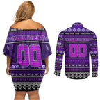 Personalized Freo Rugby Xmas Couples Matching Off Shoulder Short Dress and Long Sleeve Button Shirt Australia AFL Mascot
