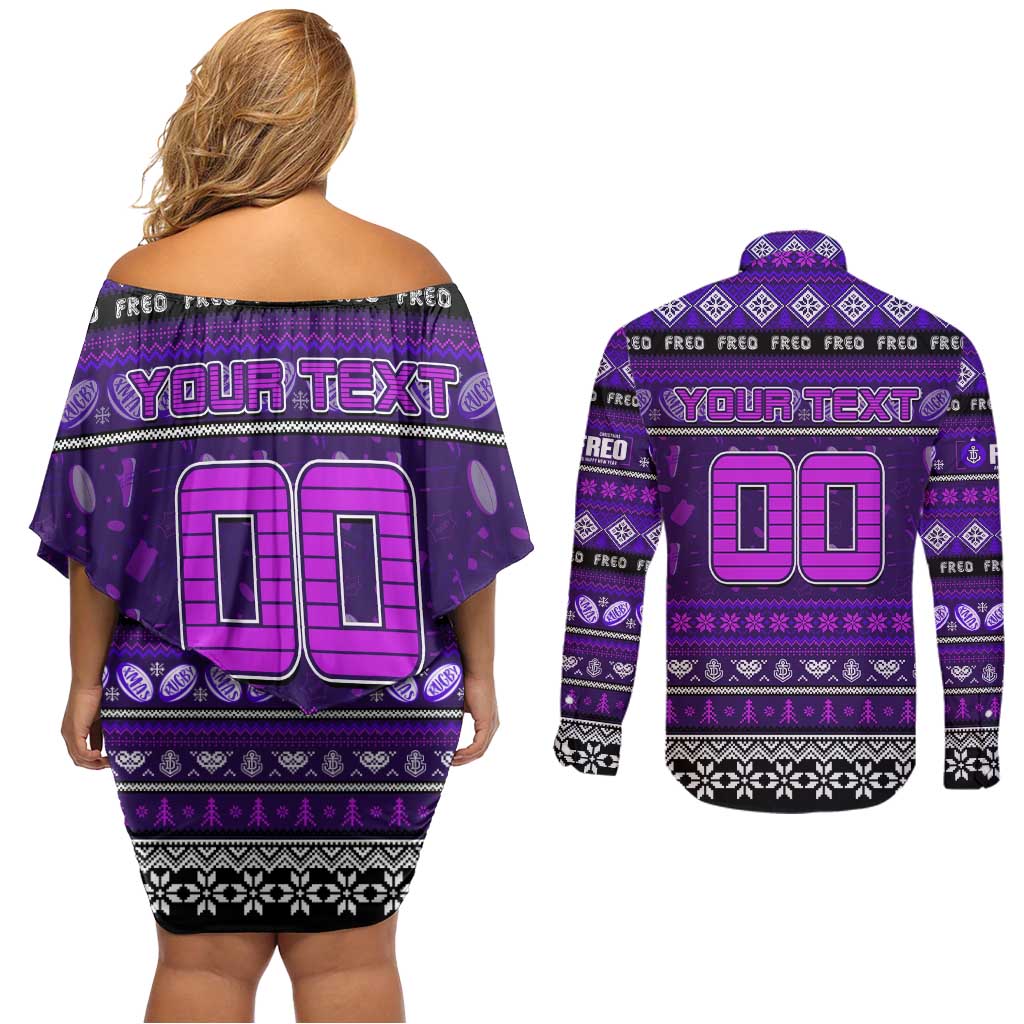 Personalized Freo Rugby Xmas Couples Matching Off Shoulder Short Dress and Long Sleeve Button Shirt Australia AFL Mascot