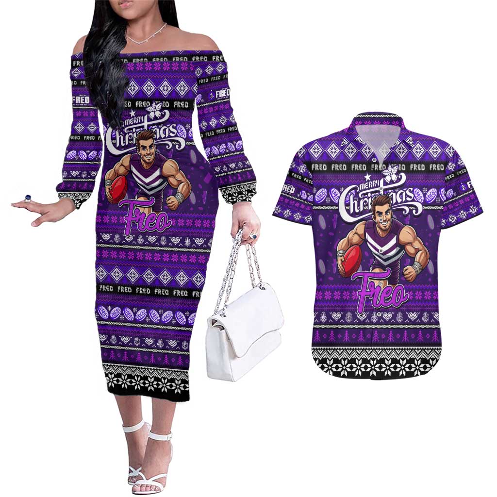 Personalized Freo Rugby Xmas Couples Matching Off The Shoulder Long Sleeve Dress and Hawaiian Shirt Australia AFL Mascot