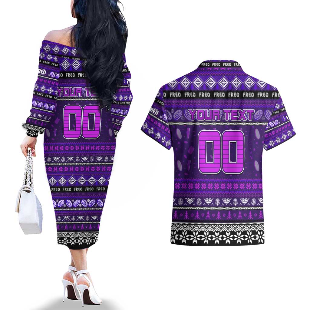 Personalized Freo Rugby Xmas Couples Matching Off The Shoulder Long Sleeve Dress and Hawaiian Shirt Australia AFL Mascot