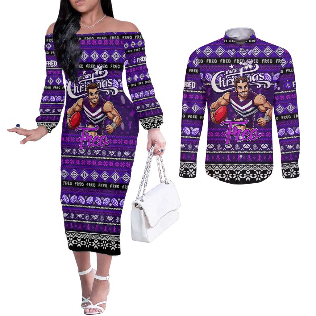 Personalized Freo Rugby Xmas Couples Matching Off The Shoulder Long Sleeve Dress and Long Sleeve Button Shirt Australia AFL Mascot