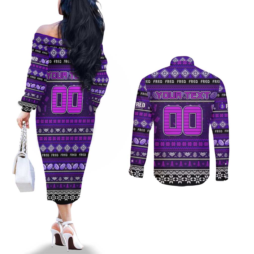 Personalized Freo Rugby Xmas Couples Matching Off The Shoulder Long Sleeve Dress and Long Sleeve Button Shirt Australia AFL Mascot