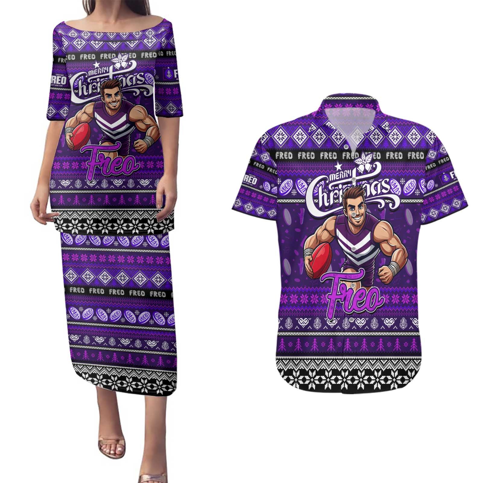 Personalized Freo Rugby Xmas Couples Matching Puletasi and Hawaiian Shirt Australia AFL Mascot