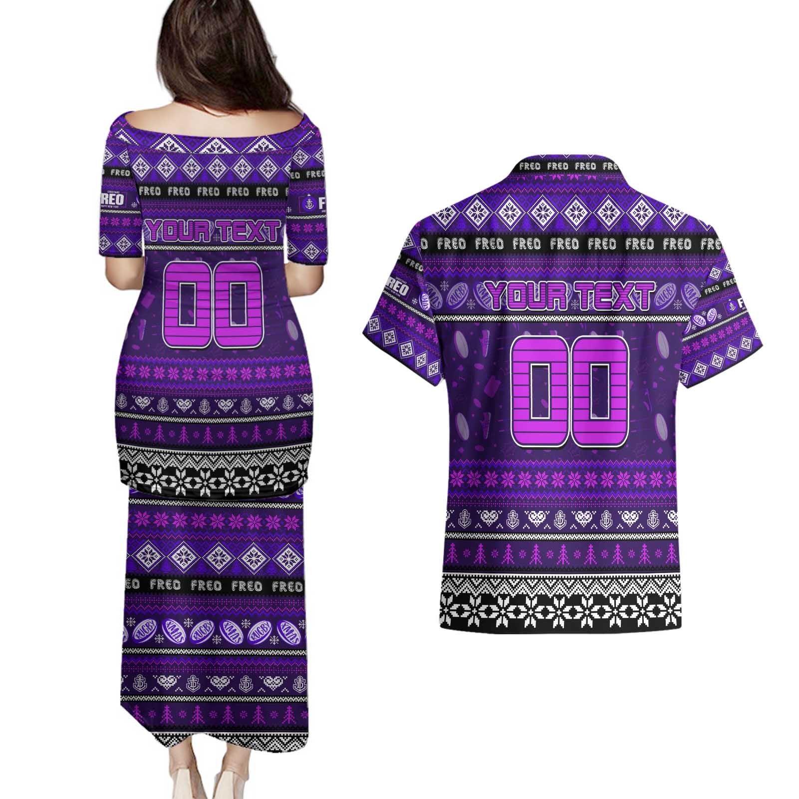 Personalized Freo Rugby Xmas Couples Matching Puletasi and Hawaiian Shirt Australia AFL Mascot