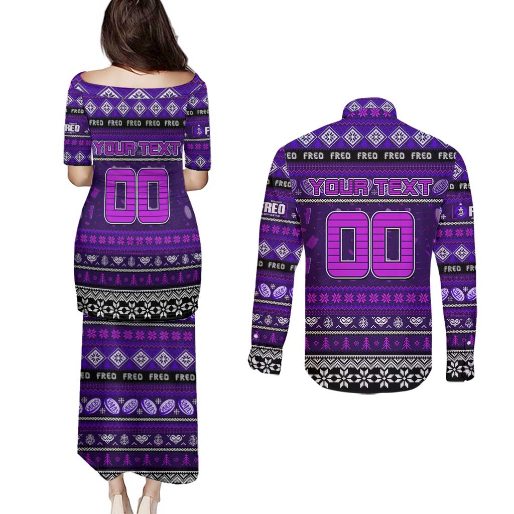Personalized Freo Rugby Xmas Couples Matching Puletasi and Long Sleeve Button Shirt Australia AFL Mascot