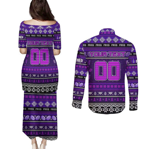 Personalized Freo Rugby Xmas Couples Matching Puletasi and Long Sleeve Button Shirt Australia AFL Mascot