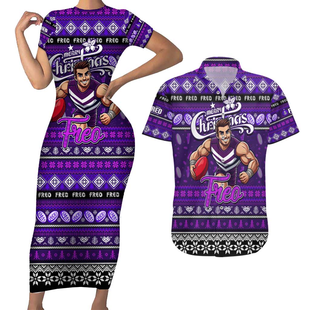 Personalized Freo Rugby Xmas Couples Matching Short Sleeve Bodycon Dress and Hawaiian Shirt Australia AFL Mascot
