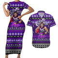 Personalized Freo Rugby Xmas Couples Matching Short Sleeve Bodycon Dress and Hawaiian Shirt Australia AFL Mascot
