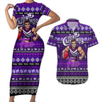 Personalized Freo Rugby Xmas Couples Matching Short Sleeve Bodycon Dress and Hawaiian Shirt Australia AFL Mascot