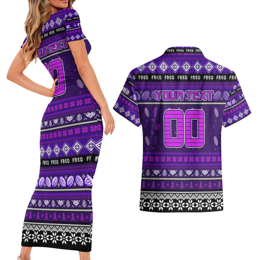 Personalized Freo Rugby Xmas Couples Matching Short Sleeve Bodycon Dress and Hawaiian Shirt Australia AFL Mascot