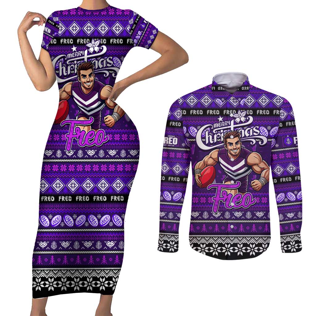 Personalized Freo Rugby Xmas Couples Matching Short Sleeve Bodycon Dress and Long Sleeve Button Shirt Australia AFL Mascot