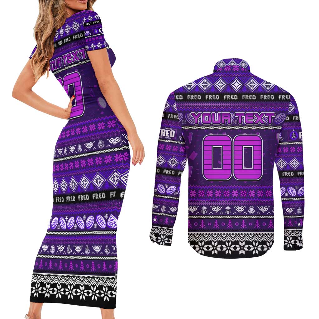 Personalized Freo Rugby Xmas Couples Matching Short Sleeve Bodycon Dress and Long Sleeve Button Shirt Australia AFL Mascot