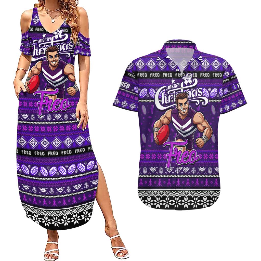 Personalized Freo Rugby Xmas Couples Matching Summer Maxi Dress and Hawaiian Shirt Australia AFL Mascot