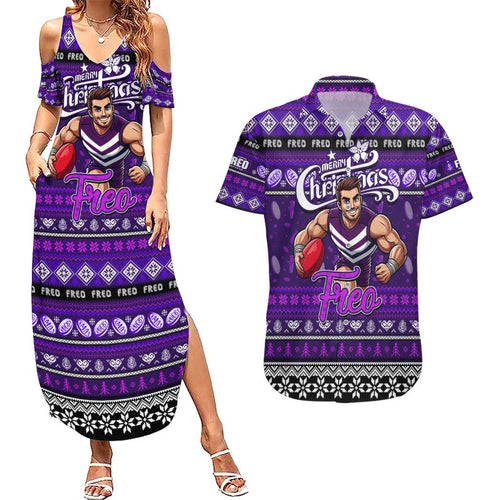 Personalized Freo Rugby Xmas Couples Matching Summer Maxi Dress and Hawaiian Shirt Australia AFL Mascot