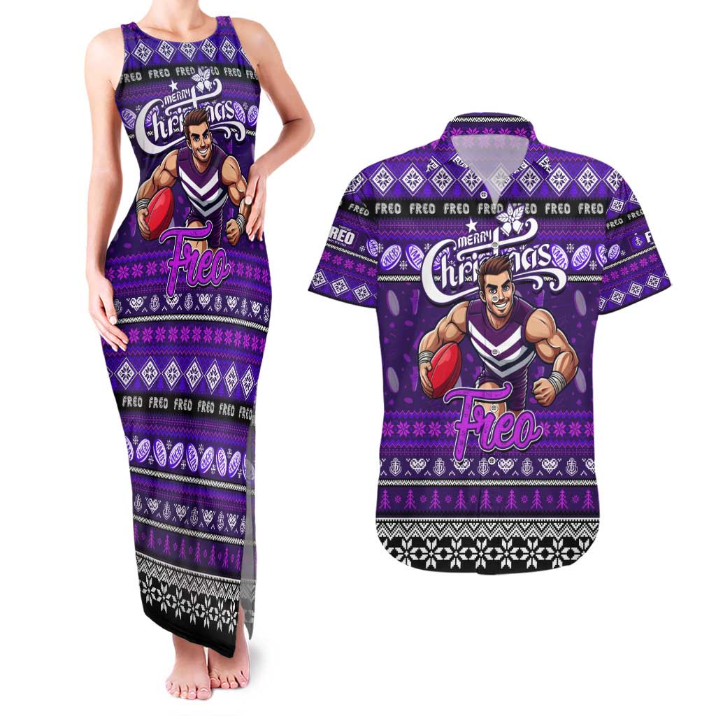 Personalized Freo Rugby Xmas Couples Matching Tank Maxi Dress and Hawaiian Shirt Australia AFL Mascot