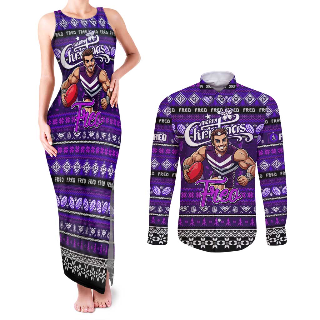 Personalized Freo Rugby Xmas Couples Matching Tank Maxi Dress and Long Sleeve Button Shirt Australia AFL Mascot