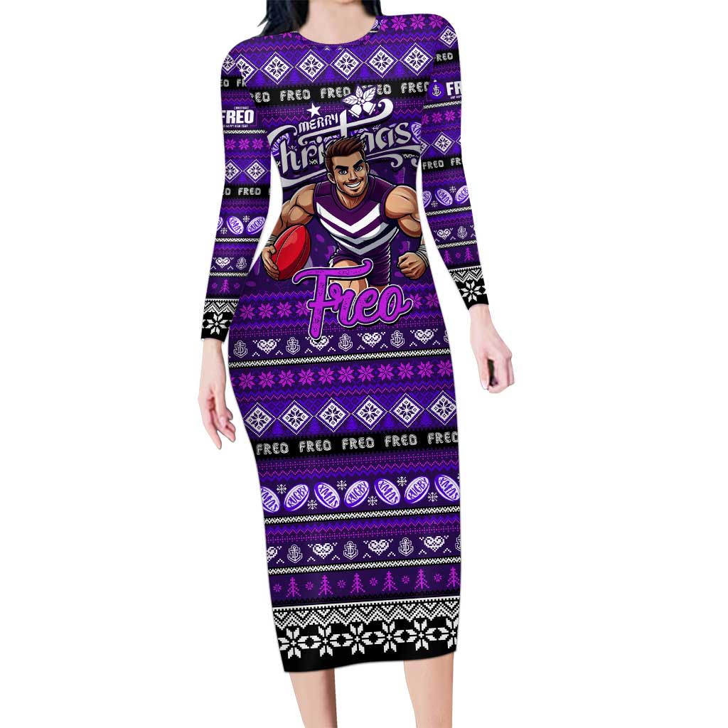 Personalized Freo Rugby Xmas Family Matching Long Sleeve Bodycon Dress and Hawaiian Shirt Australia AFL Mascot