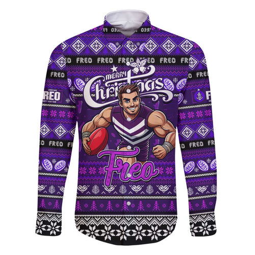 Personalized Freo Rugby Xmas Family Matching Off The Shoulder Long Sleeve Dress and Hawaiian Shirt Australia AFL Mascot