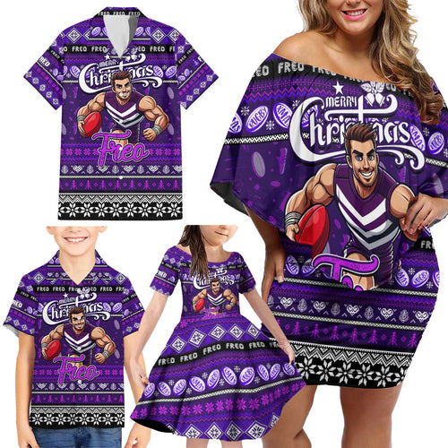 Personalized Freo Rugby Xmas Family Matching Off Shoulder Short Dress and Hawaiian Shirt Australia AFL Mascot