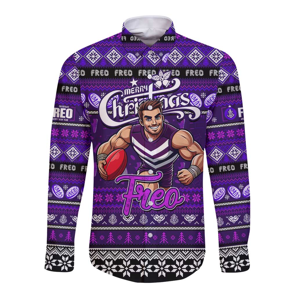 Personalized Freo Rugby Xmas Long Sleeve Button Shirt Australia AFL Mascot