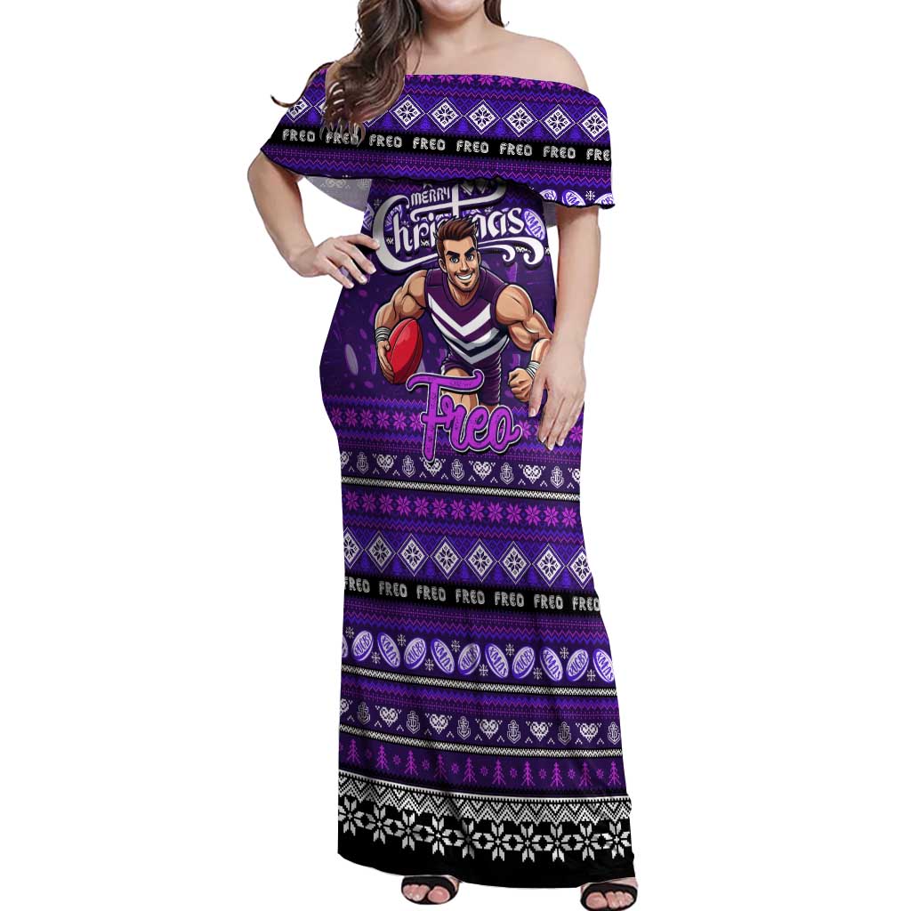 Personalized Freo Rugby Xmas Off Shoulder Maxi Dress Australia AFL Mascot