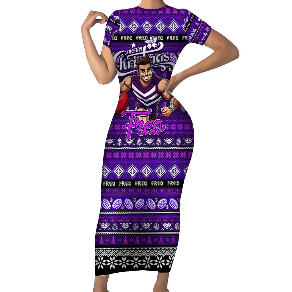 Personalized Freo Rugby Xmas Short Sleeve Bodycon Dress Australia AFL Mascot