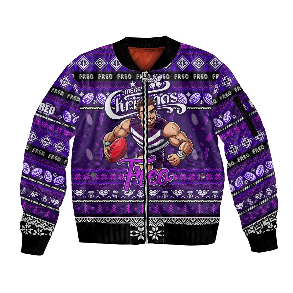 Personalized Freo Rugby Xmas Sleeve Zip Bomber Jacket Australia AFL Mascot
